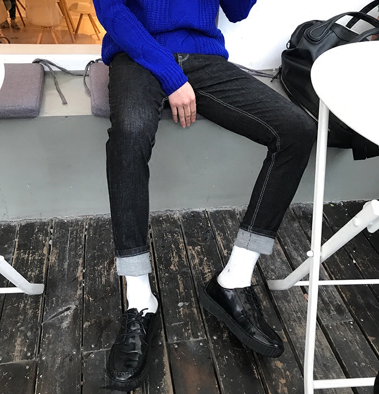 APP/17ss 韩国秋冬新品水洗黑色修身款牛仔长裤 男