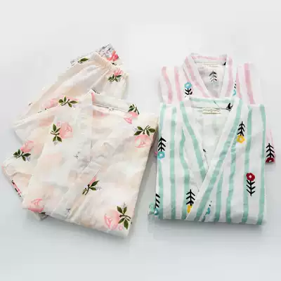 Women's cotton pajamas spring and autumn double cotton gauze middle sleeve trousers Japanese kimono home suit set foreign trade