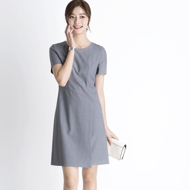 OFFIY Spring and Autumn Folded Breast Professional Commuter Formal Short-sleeved Black Gray Slim A-Line Knee-Length Round Neck OL Dress Large Size