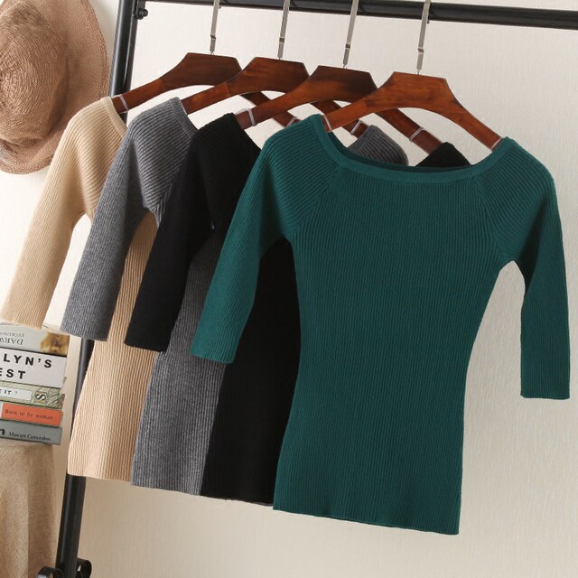 Black one-line collar mid-sleeve top, high-end off-shoulder sweater, three-quarter sleeve bottoming shirt for women, and autumn sweater