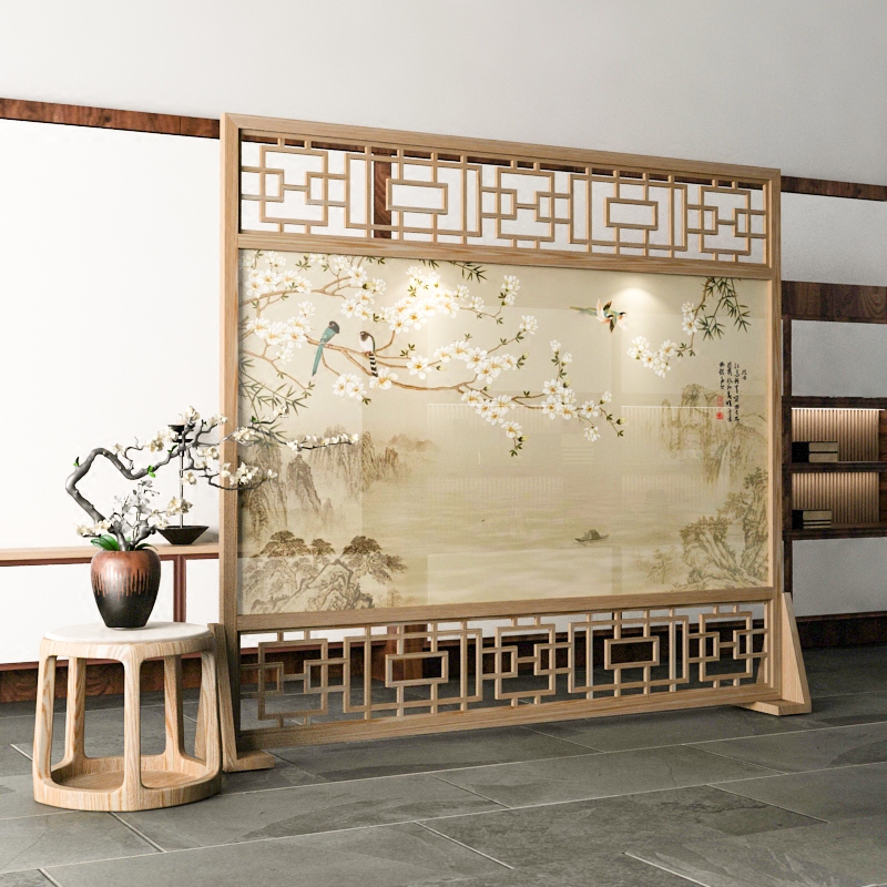 New Chinese solid wood hollow screen partition entrance fashion living room seat screen Dining room hotel semi-transparent yarn screen