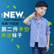 Áo sơ mi kẻ sọc cho bé trai mới cotton dài tay mùa xuân và mùa thu áo kẻ sọc lớn cho trẻ em