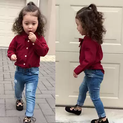 Girl hemp cotton wine red long sleeve shirt European and American children's clothing bow spring and autumn children's shirt girl broken jeans