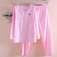 100% cotton đồ ngủ nữ rắn màu áo len dài tay cotton twill đồ ngủ mùa xuân và mùa thu mỏng phần dịch vụ nhà quần áo ngủ cao cấp