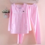 100% cotton đồ ngủ nữ rắn màu áo len dài tay cotton twill đồ ngủ mùa xuân và mùa thu mỏng phần dịch vụ nhà quần áo ngủ cao cấp