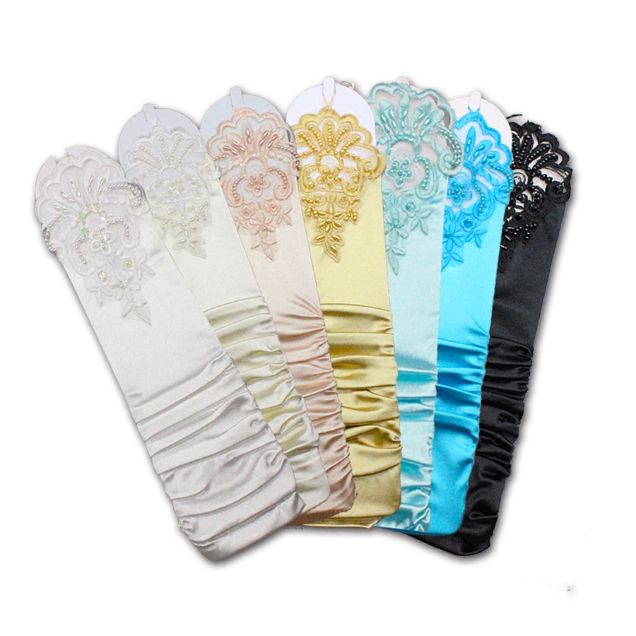 Liyuan fingerless wedding bride wedding gloves Multi-color tail single exquisite beaded tail pleated Satin dress gloves