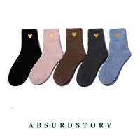 Mùa thu và mùa đông phụ nữ mới cotton terry vớ vớ thêu tình yêu vàng vớ dày mùa đông ấm áp phụ nữ tất nam cao cổ