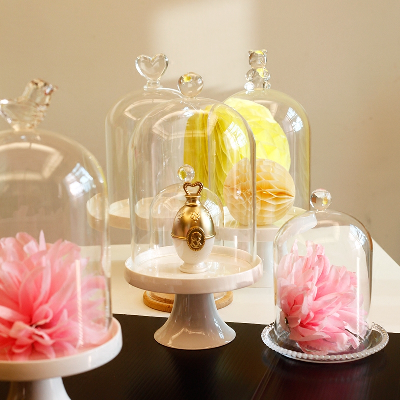 Nordic home Ceramic bamboo and wood base transparent glass cover : Eternal flower cake display glass cover