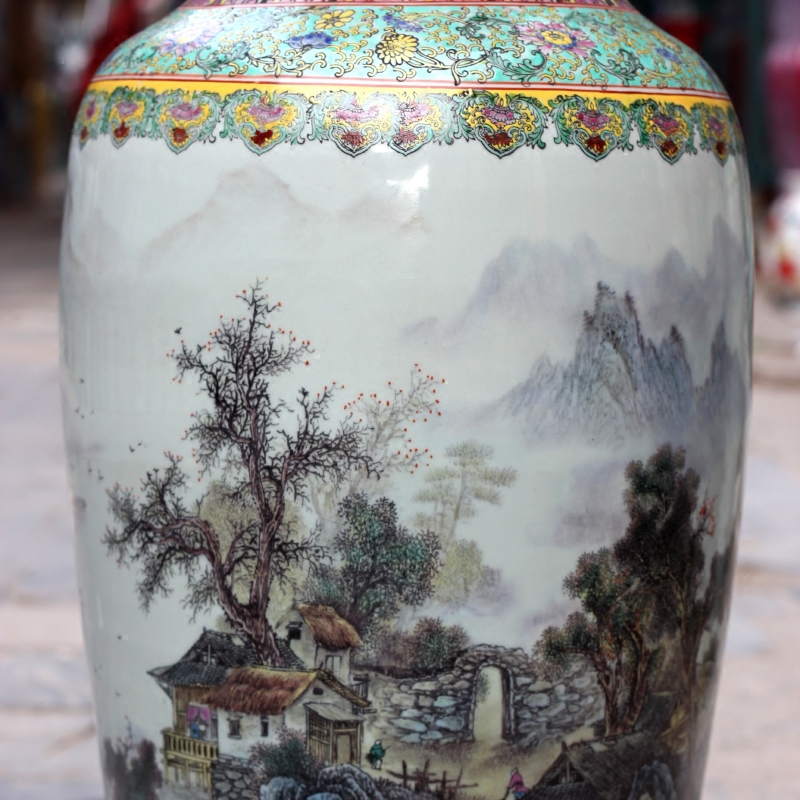 Jingdezhen ceramic powder enamel archaize sitting room office study Chinese landscape painting of large vase household furnishing articles