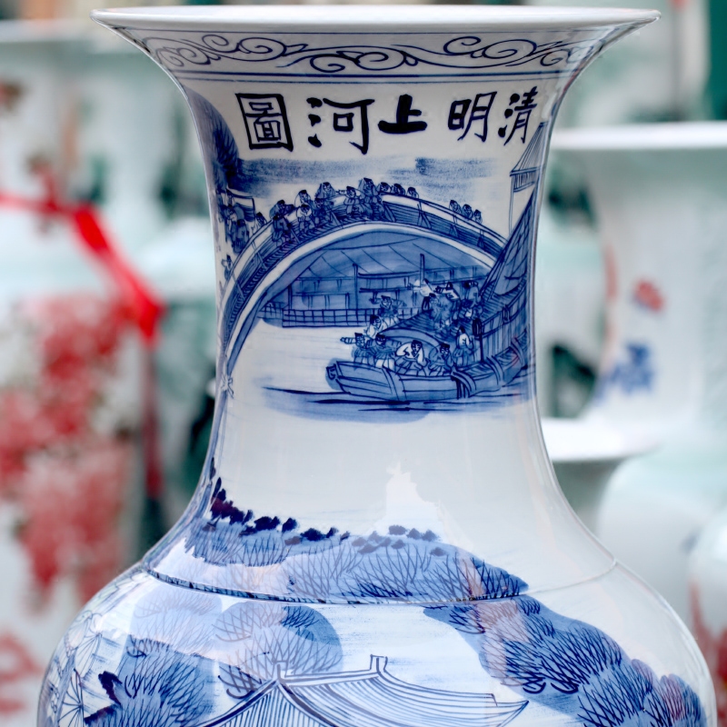 Blue and white porcelain of jingdezhen ceramic qingming scroll big vase home sitting room ground flower arranging furnishing articles adornment