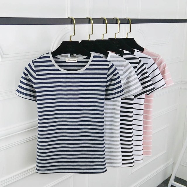 2022 summer women's Korean style round neck striped short-sleeved loose cotton t-shirt women's tops slim large size bottoming shirt