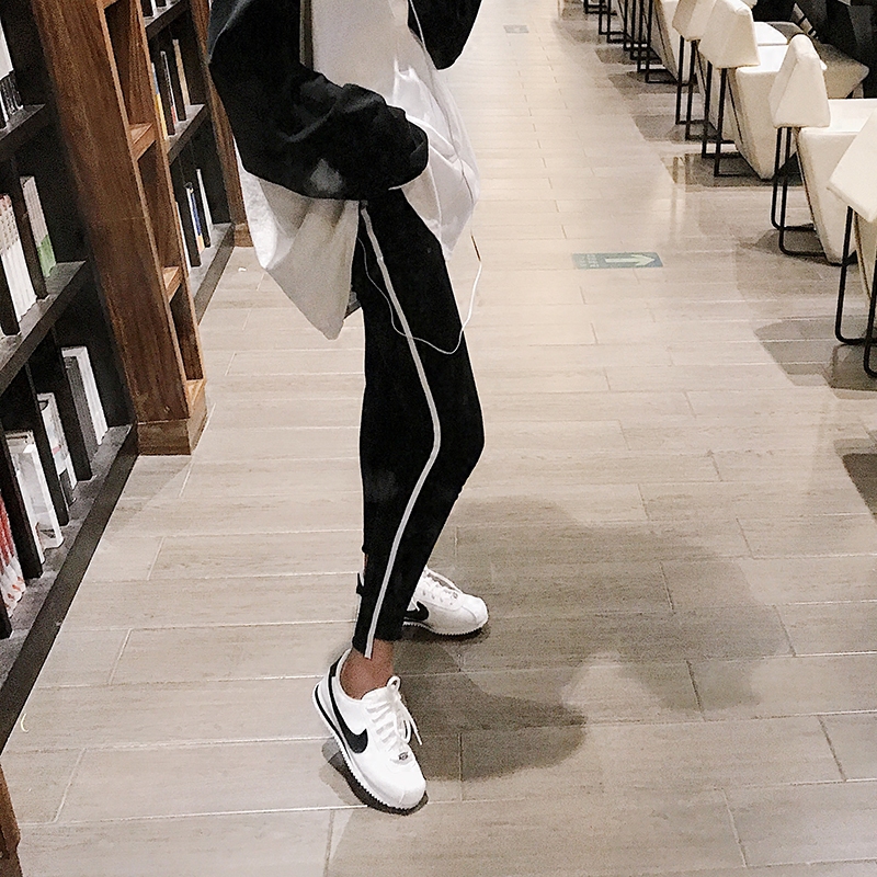 高腰外穿白边打底裤女秋季薄款九分裤学生显瘦棉质小脚裤紧身裤潮