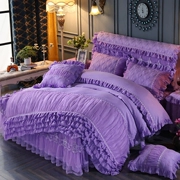 Công chúa màu vào mùa thu và mùa đông ấm áp dày giường bedspread bông váy một gia đình bốn gia đình bốn 1,8 m chăn giường để giữ ấm - Bộ đồ giường bốn mảnh