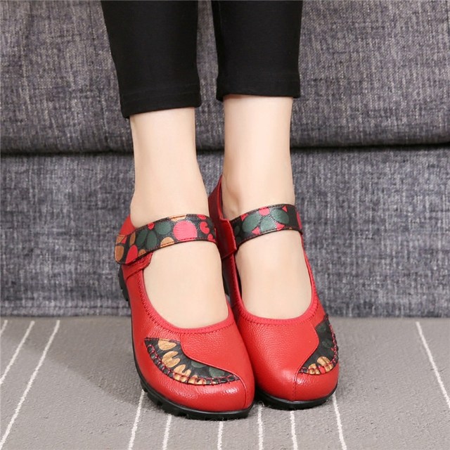 2018 Spring New Genuine Leather Women's Single Shoes for Middle-Aged and Elderly, Wedge Heel, Ankle Strap, Ethnic Style, Floral Pattern, Mom Shoes