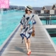 Áo cotton màu xanh và vải lanh màu xanh mùa hè của phụ nữ lỏng lẻo in váy ngắn boho đi biển bên bờ biển - Cộng với kích thước quần áo quần thể thao nữ Cộng với kích thước quần áo
