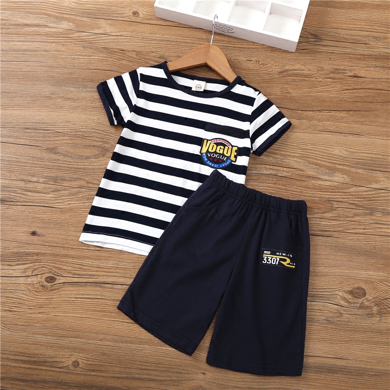 2018 girls' suit summer fashion boys striped two-piece cotton boys and girls with the same style big children's clothing trend