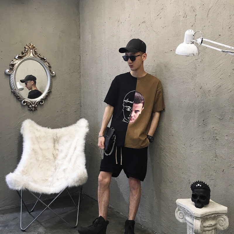 态度 / 个性拼接设计 超酷的人像印花短袖T恤 男