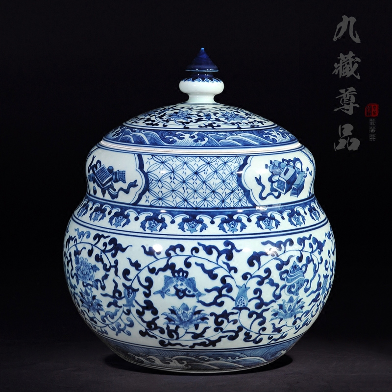 Jingdezhen ceramics antique hand - made of blue and white porcelain jar with cover storage tank sitting room adornment crafts