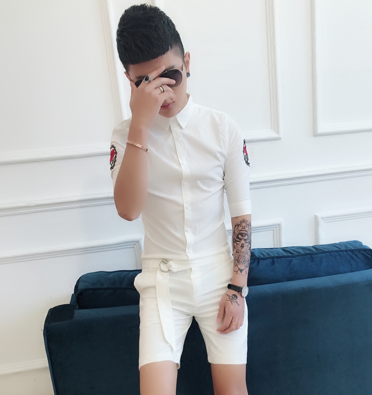 Summer trend new shirt men's five-point mid-sleeve thin Korean style hair stylist shirt fashionable and handsome slim top