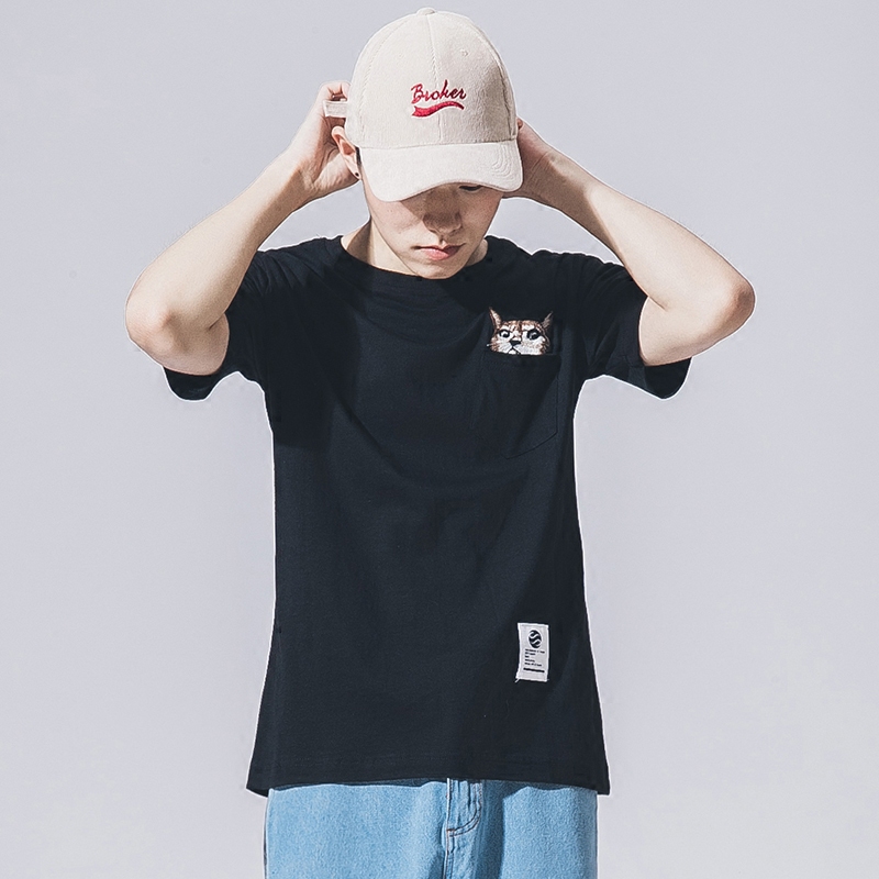 2016夏装新款日系青少年卡通刺绣圆领短袖T恤男士猫咪休闲打底衫