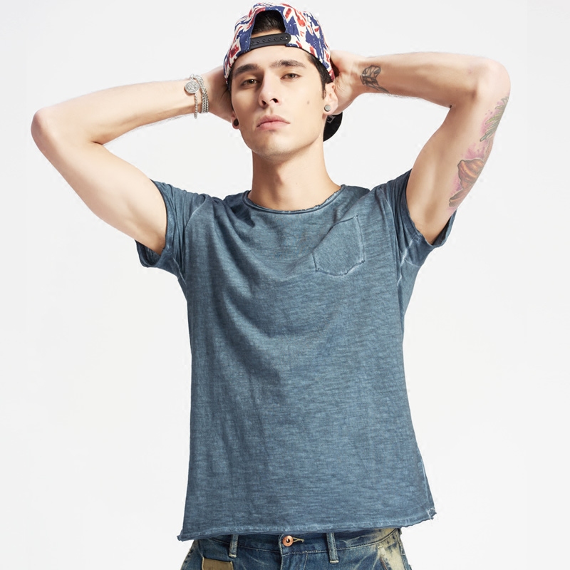 Summer thin cotton-necked strip blouse color t comfortable doing old water wash Han edition repair youth short sleeve t-shirt man