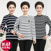 Áo thun nữ tay dài trung tính sọc cotton hàng đầu Mẹ trung niên tải cotton thêu đáy quần áo mùa thu phong cách mới