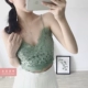 Phong cách ngày lễ ngắn gợi cảm lộ ra rốn ren bên ngoài mặc đáy áo vest cổ chữ v cắt thấp dây kéo xanh matcha tươi áo phao nữ Áo ba lỗ