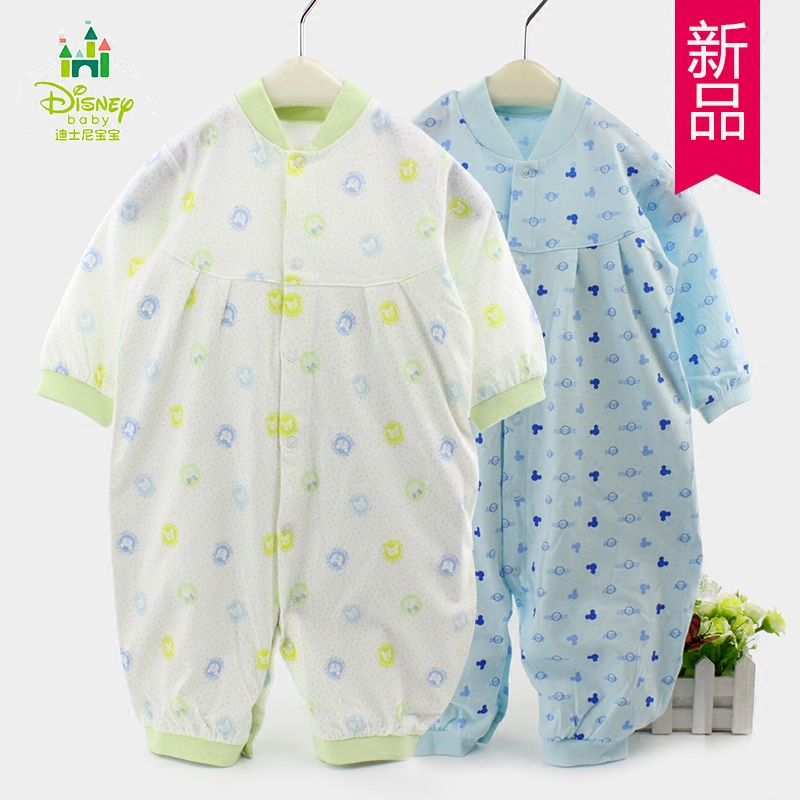 迪士尼宝宝婴幼儿前开按扣爬服哈衣纯棉透气分腿长袖连体衣四季款