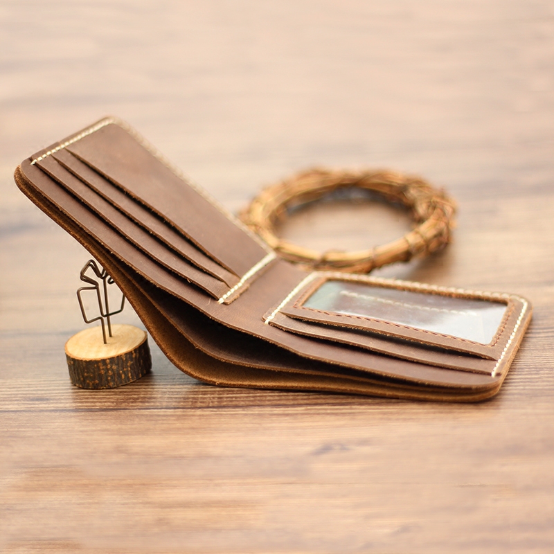 Mad Mapi Artisanal men and women Short double notes Bits Bull Leather Small Wallet Genuine Leather Money Clip Antique Hand-stitched Material 013