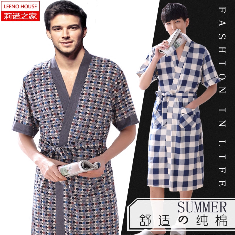 Áo choàng ngủ cho nam giới trẻ và trung niên cotton mùa hè ngắn tay áo choàng tắm cộng với kích thước Yukata Nhật Bản phần cotton dài giữa mỏng - Night Robe