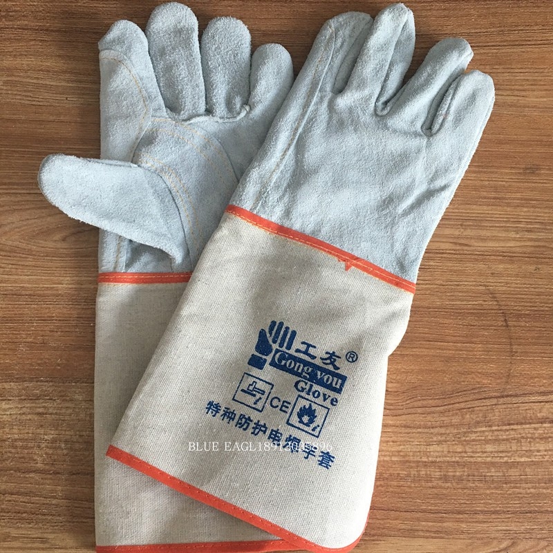Workers long leather electric welding gloves Niu leather heat insulation anti-heat and high temperature resistant and burn-proof gloves welding gas welding