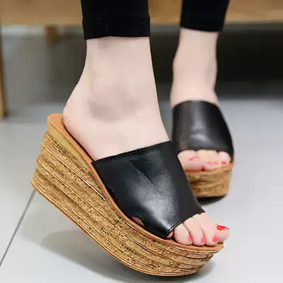 Increased 8cm leather slippers Women summer 2021 New Joker slope heel thick bottom fashion wear sexy word