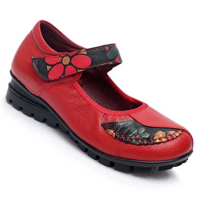 2018 Spring New Genuine Leather Women's Single Shoes for Middle-Aged and Elderly, Wedge Heel, Ankle Strap, Ethnic Style, Floral Pattern, Mom Shoes