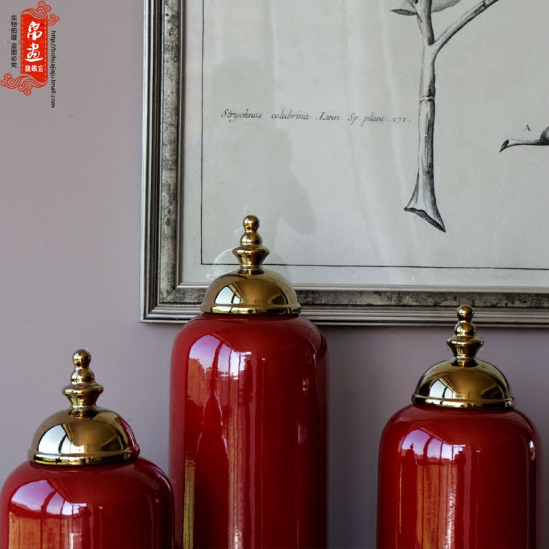 Jingdezhen ceramic vase furnishing articles gilded the lid tank bright red hand with classical household pure glaze decoration