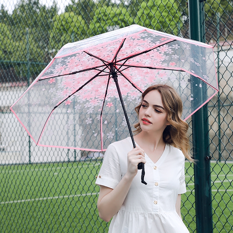 Fully Automatic Folding Umbrella, Fresh and Cute, Forest Style, Retro, Simple, Long Handle, Transparent Cherry Blossom Umbrella, High Aesthetic Value for Girls