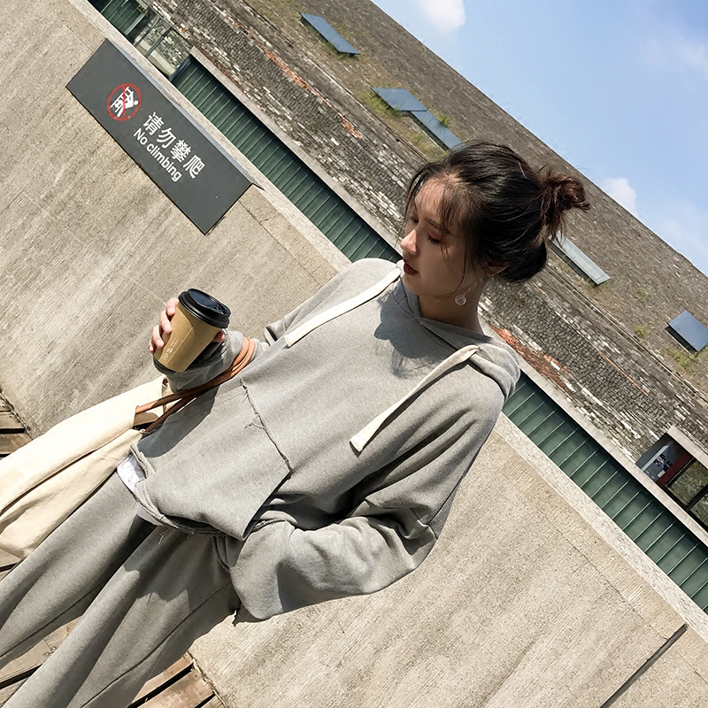 Ekool纯色毛边连帽卫衣两件套宽松显瘦运动休闲套装大码学生外套