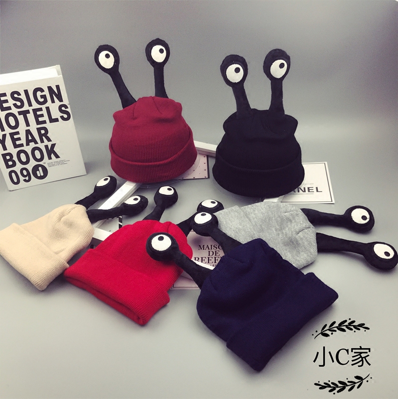 Korean baby hats keep warm in autumn and winter 1 year old 2 big eyes cute hat wool knitted hat children cute baby hat tide