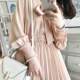 NatureQ mùa đông mới retro khí rắn màu ngọc trai khóa bow cổ áo xếp li slim dài tay áo đầm váy ôm body váy đầm