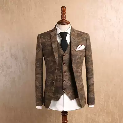 IsirHonour exclusive European and American woolen camouflage jacquard slim Korean suit British retro suit men's wear suit