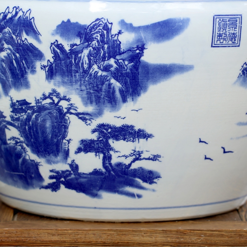 Blue and white porcelain of jingdezhen ceramics tortoise cylinder lotus potted landscape painting a goldfish bowl sitting room place basin study