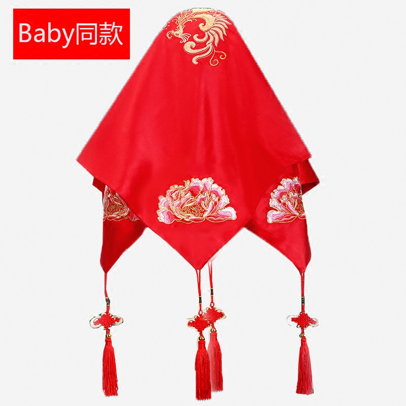 baby with the same wedding red hijab Chinese wedding Xiuhe clothing embroidery flower tassel bridal hijab red dragon and phoenix