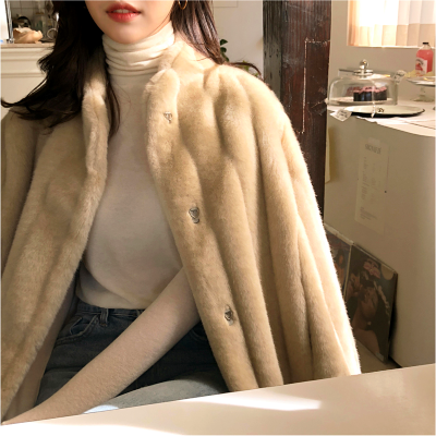 Cộng với cộng với áo đứng cổ áo lông thú mới cừu len phụ nữ áo khoác 2019 còng giả bó Hàn Quốc phiên bản của mô hình dài nhỏ 