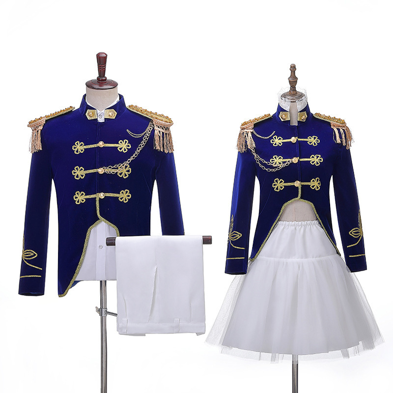 European Retro Palace-Style Blue Navy Dress with Tassel Epaulettes, Stage Performance Costumes for Men and Women, Military Band Uniforms