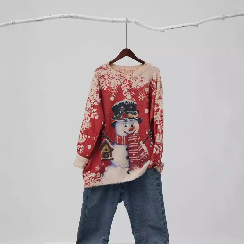 European and American Plus-Size Women's Ugly Christmas Sweater with Animal Patterns, Snowflakes, 3D Snowman, Pullover Mink Knit Sweater