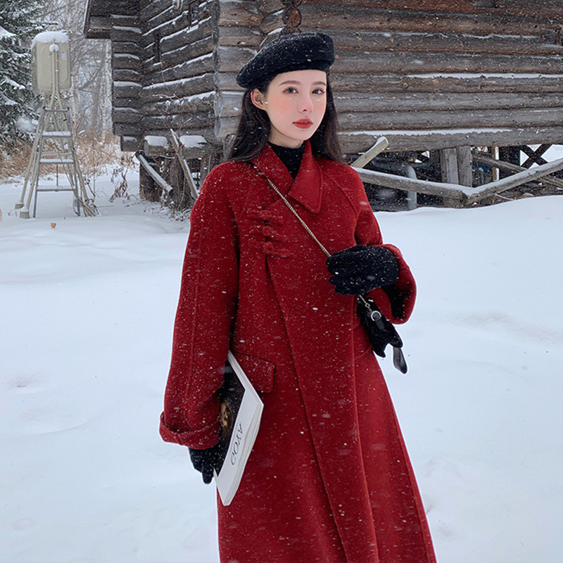 Red Doll Collar Double-Sided Cashmere Coat for Women, Mid-Length Over-The-Knee, 2026 Autumn and Winter New Wedding Woolen Coat