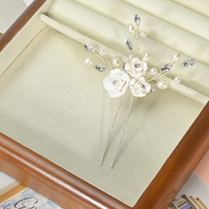 Er Xun Bridal Wedding Hair Accessories Handmade White Soft Clay Flower U-Shaped Hairpin Hair Stick Hair Ornament Cross-Border Exclusive Supply