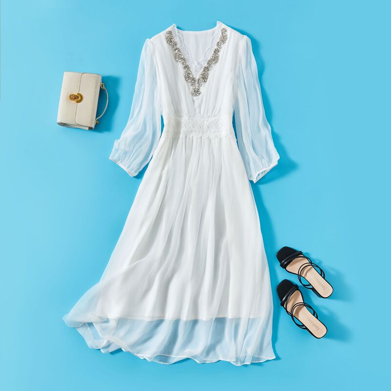 White Mulberry Silk Dress for Women, 2026 Summer New Style, Heavy Beading, Long Sleeves, Mid-Length, Silk Fairy Dress