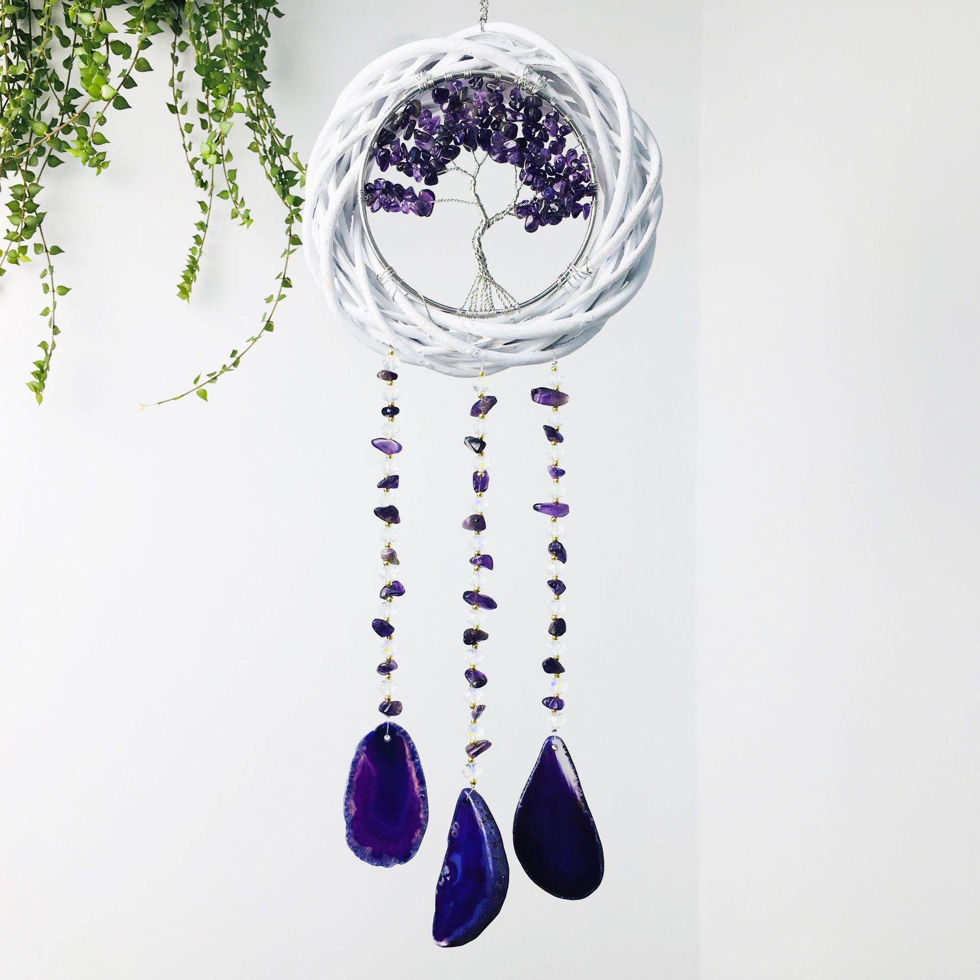 Wall hanging wicker wreath cross-border natural amethyst hand-wound tree of life agate piece wind chime factory wholesale