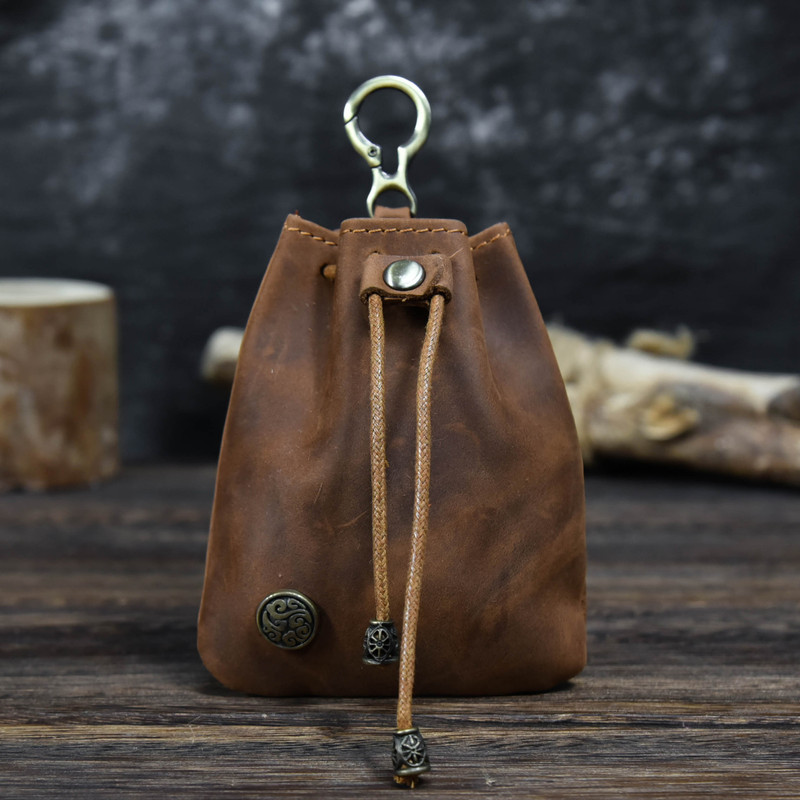 First-Layer Cowhide Creative Vintage Coin Purse Crazy Horse Leather Handmade Silver Coin Pouch Drawstring Coin Bag Earphone Storage Hanging Bag