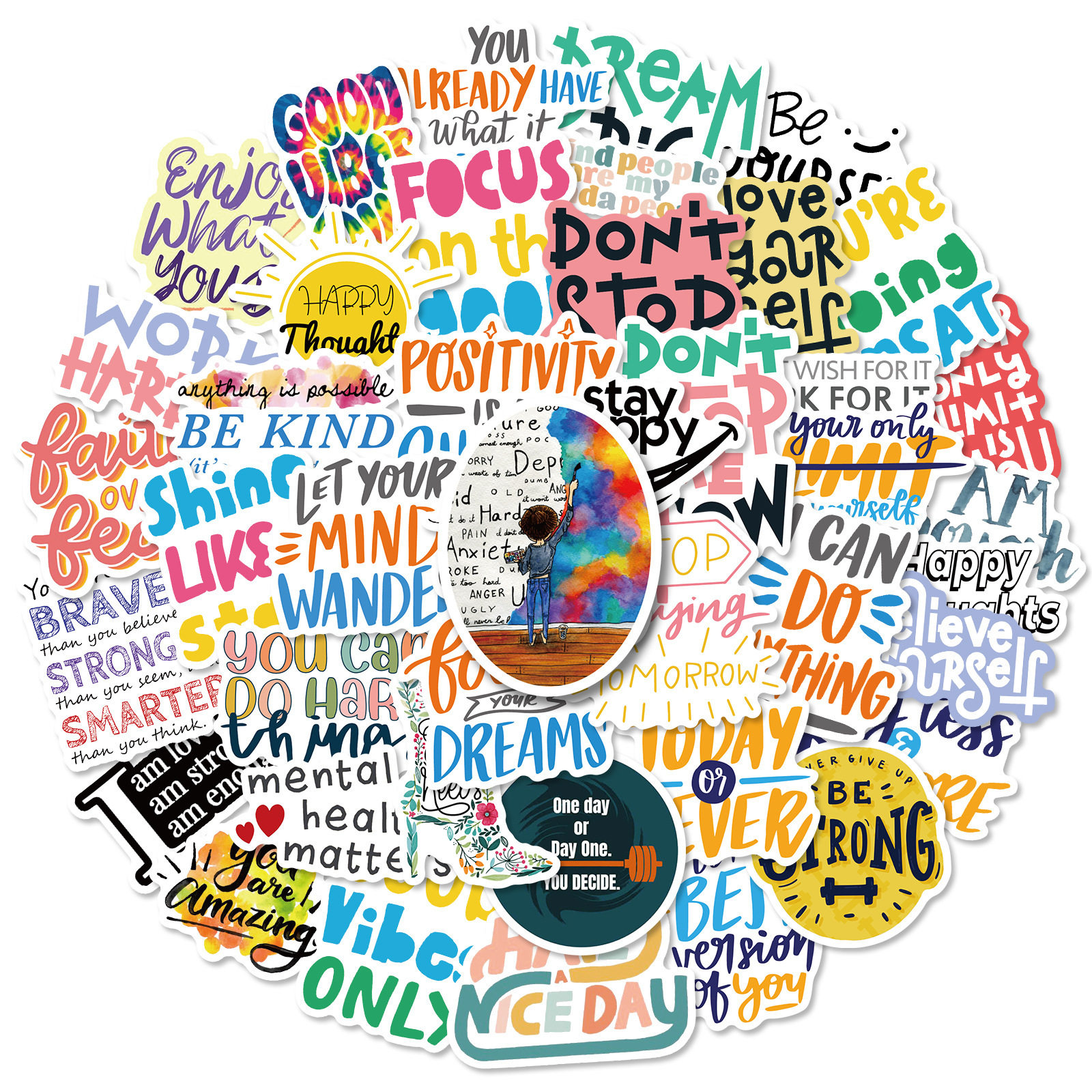50 inspirational text stickers, slogans, English handbook collage materials, small patterns, cute student learning labels